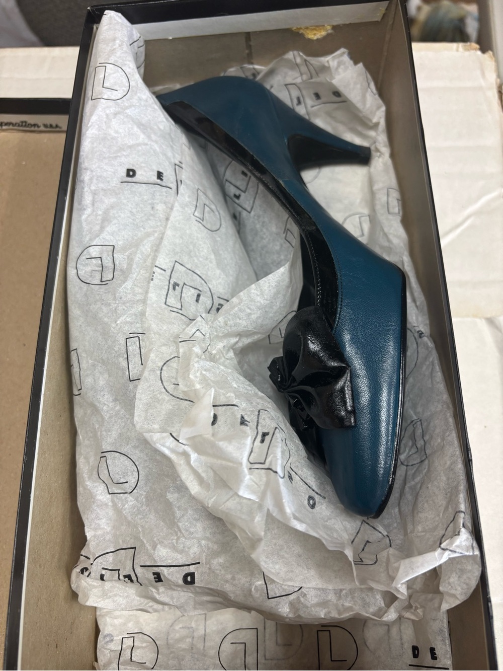 Teal Mid-Heel Pump with Black Rosette Accent